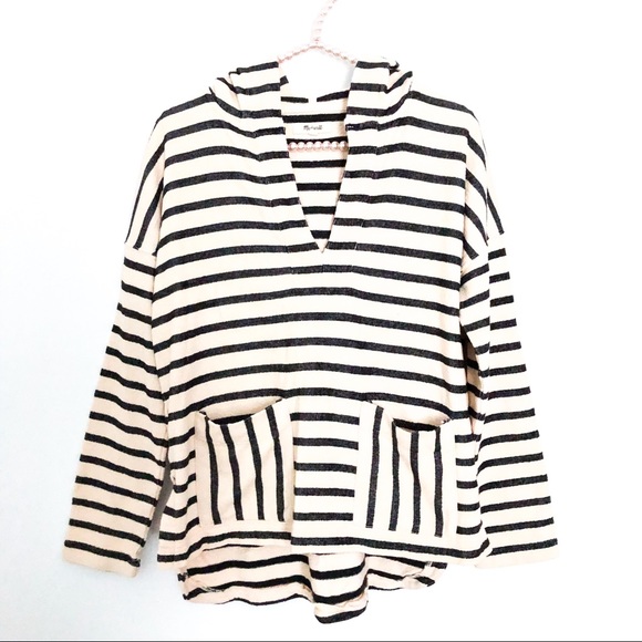 Madewell Tops - {MADEWELL} Black/Cream Striped Hooded Pullover XS